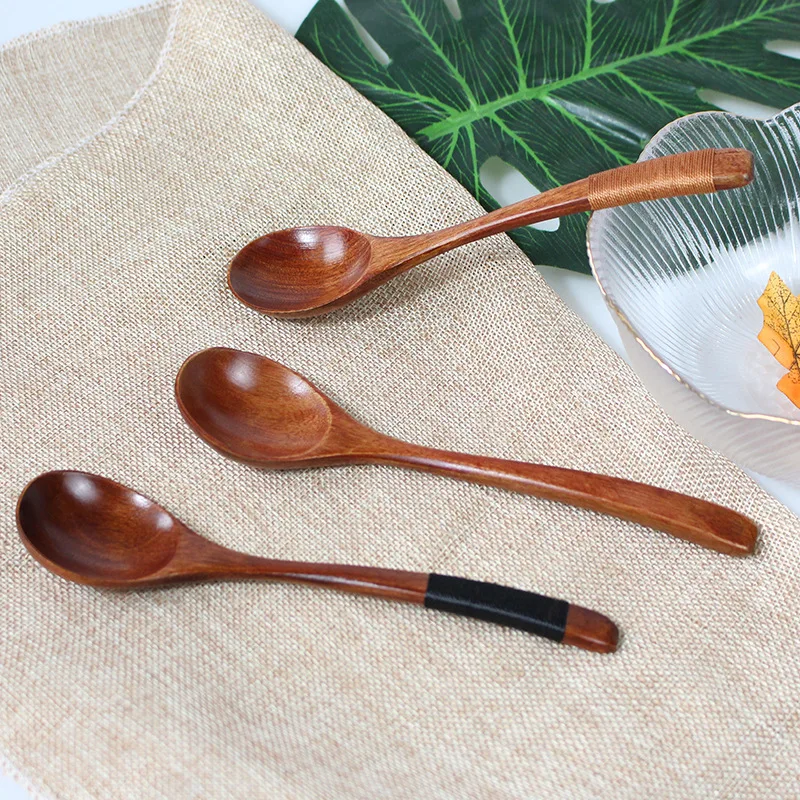 Home Use Wooden Spoons Pure Colored Old Painted Nance Wood Small Soup Spoons Japanese Style Honey Spoons Wrapped Thread Spoons