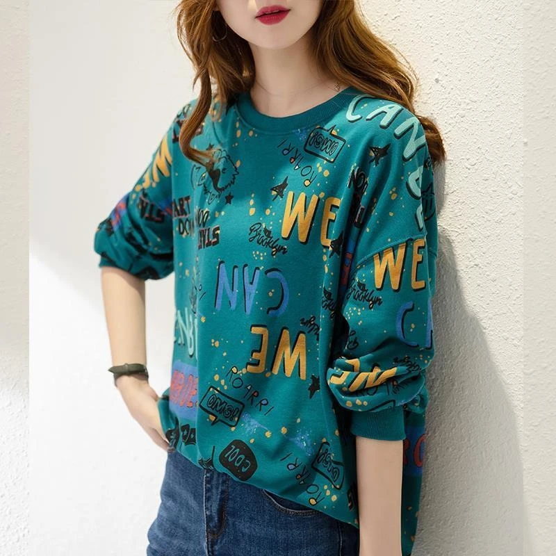 الربيع والخريف البلوزات المطبوعة للنساء الرياضة لطيفة اللون عادية عالية الجودة الأساسية Harajuku موضة المرأة البلوز القمم