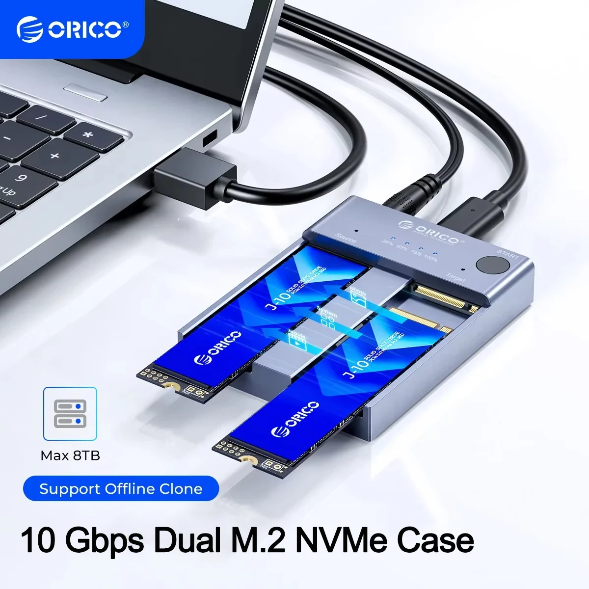 

ORICO Offline Clone M.2 NVMe SSD Enclosure Dual Bay NVME SSD Duplicator 10Gbps USB3.2 Type-C Gen2 M2 External Hard Drive Case