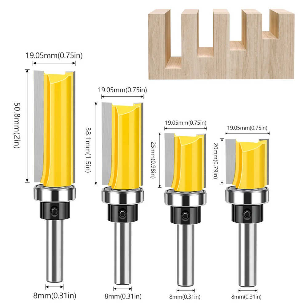 VACK 4pc set 1/4 Shank Template Trim Hinge Router Bit Straight end mill trimmer cleaning flush trim Tenon Cutter for Woodworking