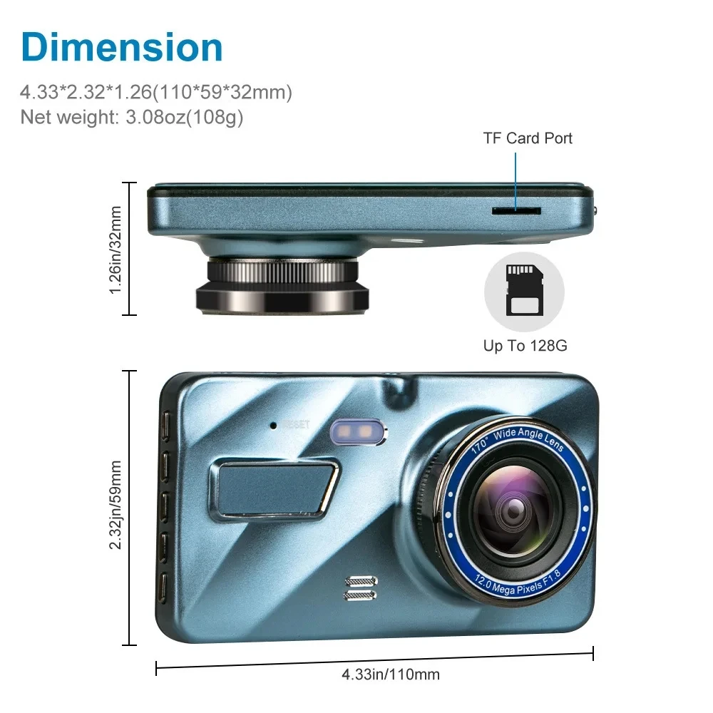 4inch Dash Cam Aluminium Alloy Full HD 1080P Night Vision Front Rear View Loop Recording Dashboard Car DVR 2Lens Black Box