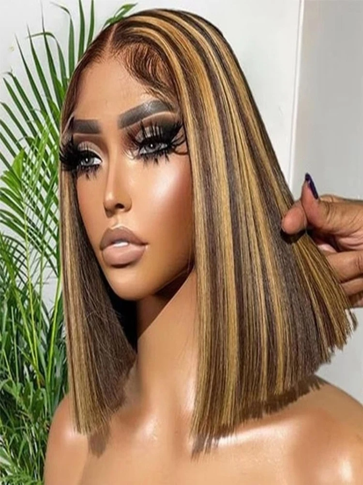 

Highlight Straight Bob Wigs 200% Density Transparent Lace Front Human Hair Wig 13x6 Straight Short Hd Lace Frontal Wig For Women