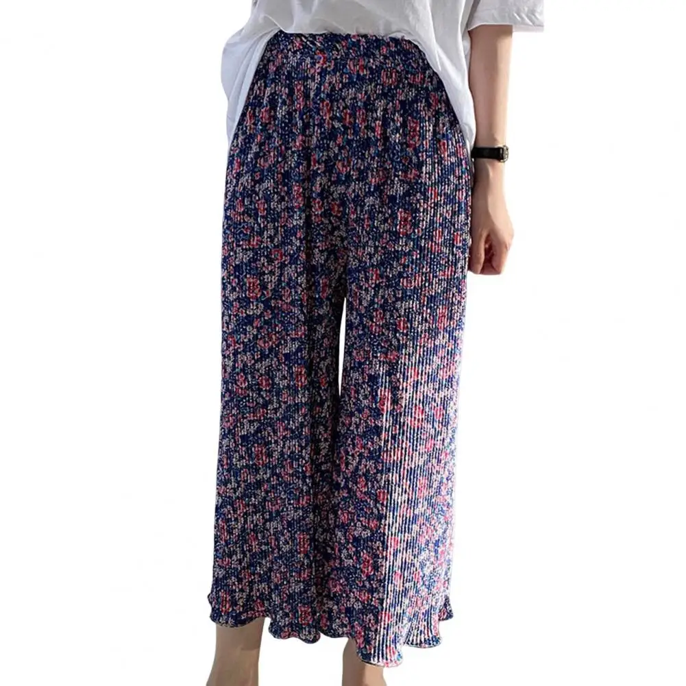 Elastic Waist Casual Pants Stylish Women's Wide Leg Trousers Floral Printed Draped Pleated Pants for Home Lounge Commuting