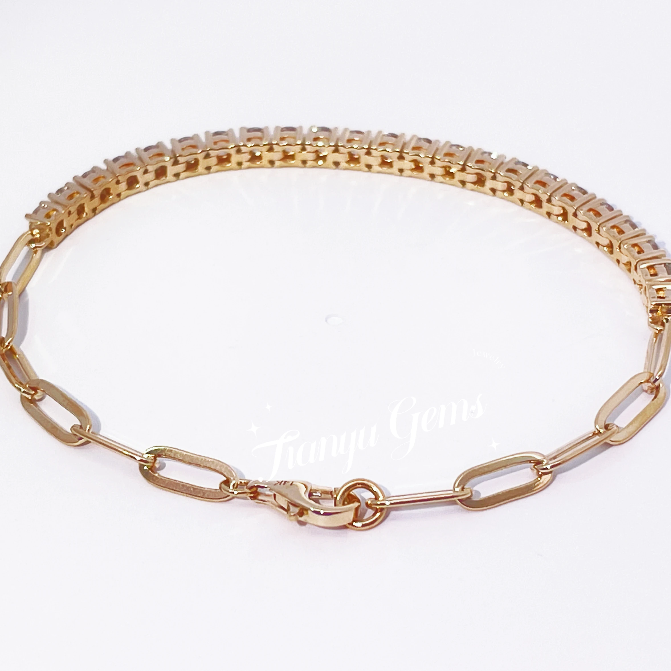 Tianyu Gems 14K 18K Yellow Gold Bracelet 2.9mm D/VVS Round Moissanite Diamond Tennis Bracelet  Solid Gold Link Chain for Women