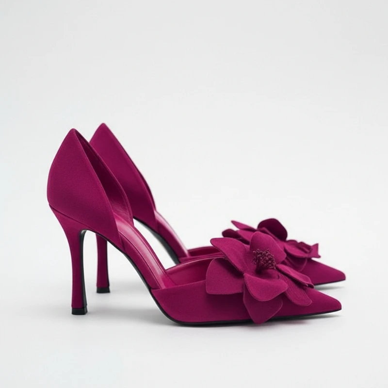

Розово-красные замшевые туфли на высоком каблуке, женские туфли-лодочки на шпильке с острым носком и 3D цветочной аппликацией, элегантные вечерние свадебные модельные туфли
