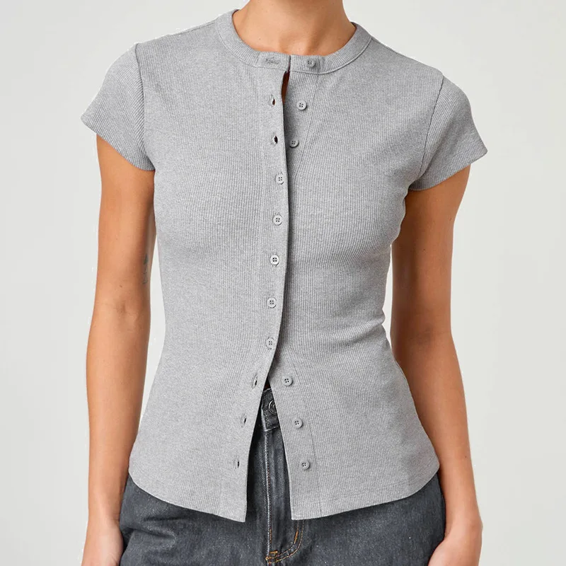 New Solid Color Sexy Buttons Short-sleeved T-shirt Top Women's European American Women's Clothing Spring and Summer Y25TP017