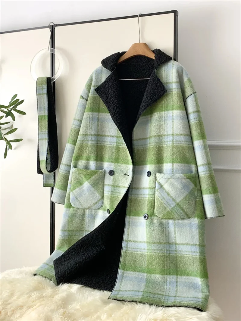 Grid Double-Sided Woolen Coat 2024 Spring and Autumn New Loose Versatile Small Height High-end Feeling Korean Long Woolen Coat