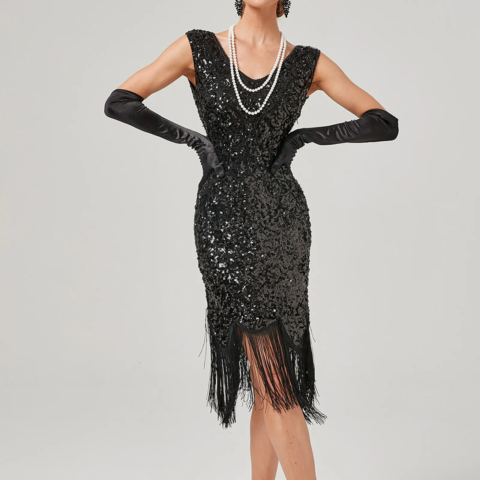 Vestido de mujer elegante Art Deco de talla grande con flecos largos y cuentas de lentejuelas Flapper rugiente de los años 20, gran Gatsby Art Deco