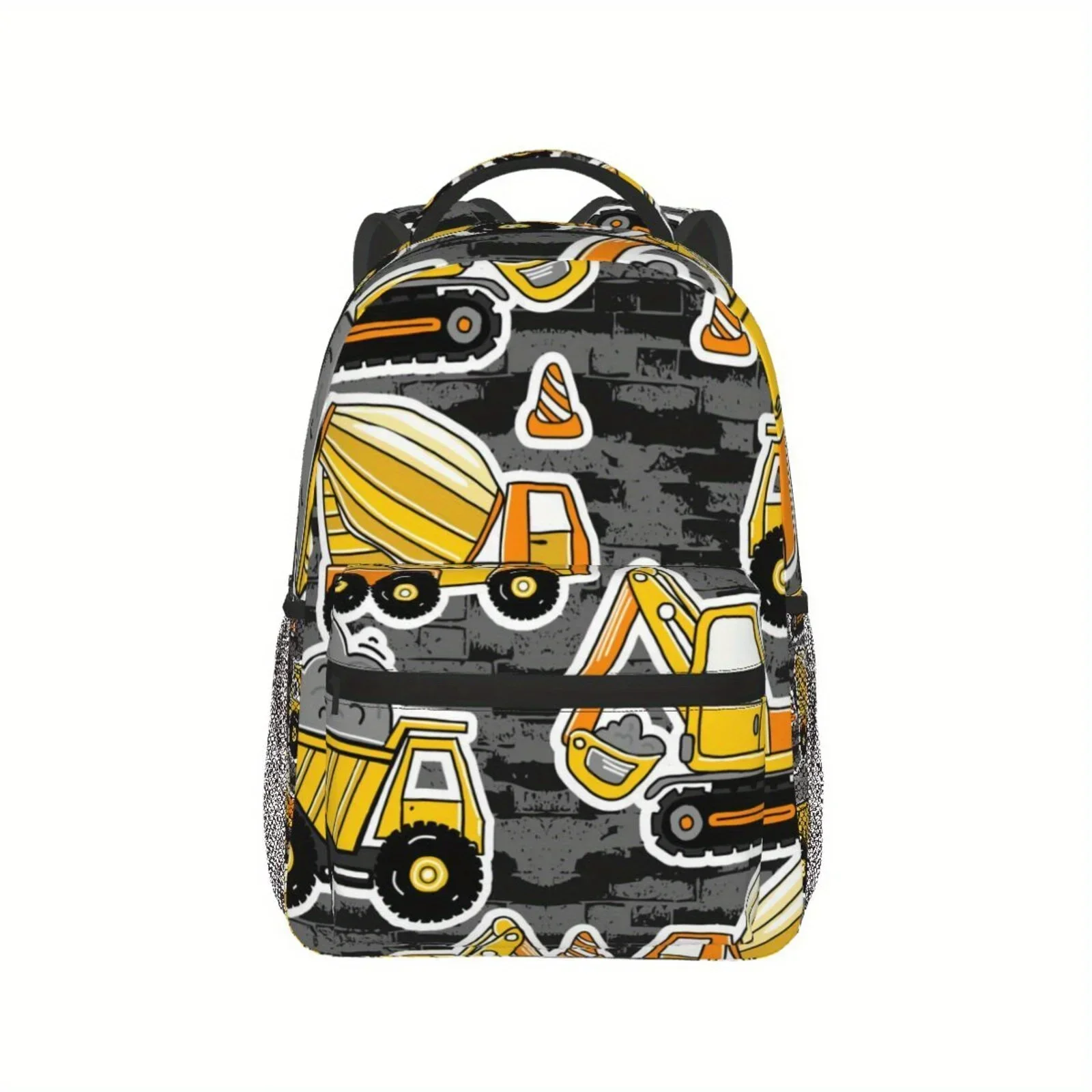 Custom Bag 1pc Fun Construction Site Cartoon Engineering Vehicle Theme Half Full Print Large Capacity Backpack, Lightweight And