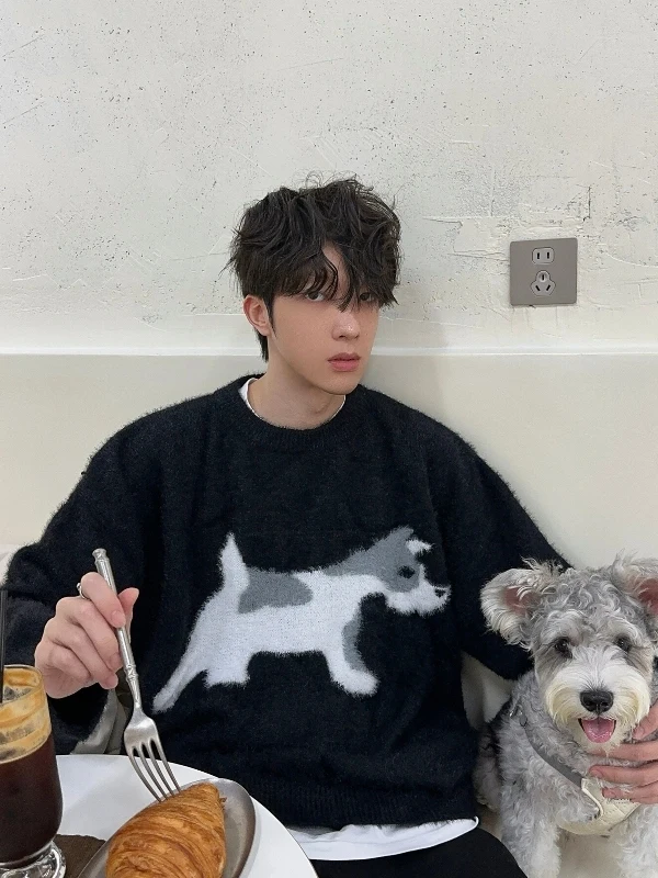 

Мужской осенне-зимний трикотажный джемпер с круглым вырезом, мягкий, с принтом собаки, повседневный, свободного кроя, в американском стиле, с длинным рукавом, термотоп