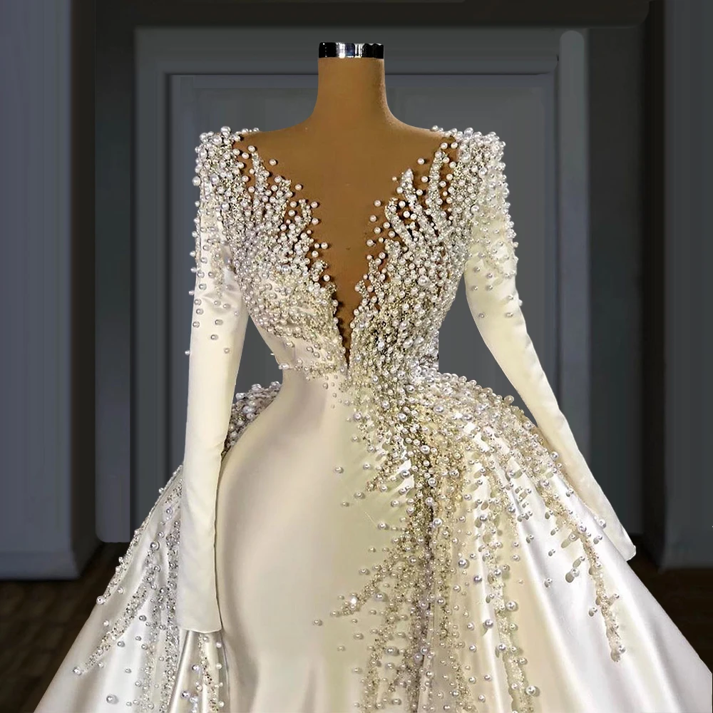 Robe de Mariée Élégante en Perles et Clip, Manches sulf, Style Dubaï, avec Traîne Amovible, en Satin, Magnifique, Perlée, Nouvelle Collection