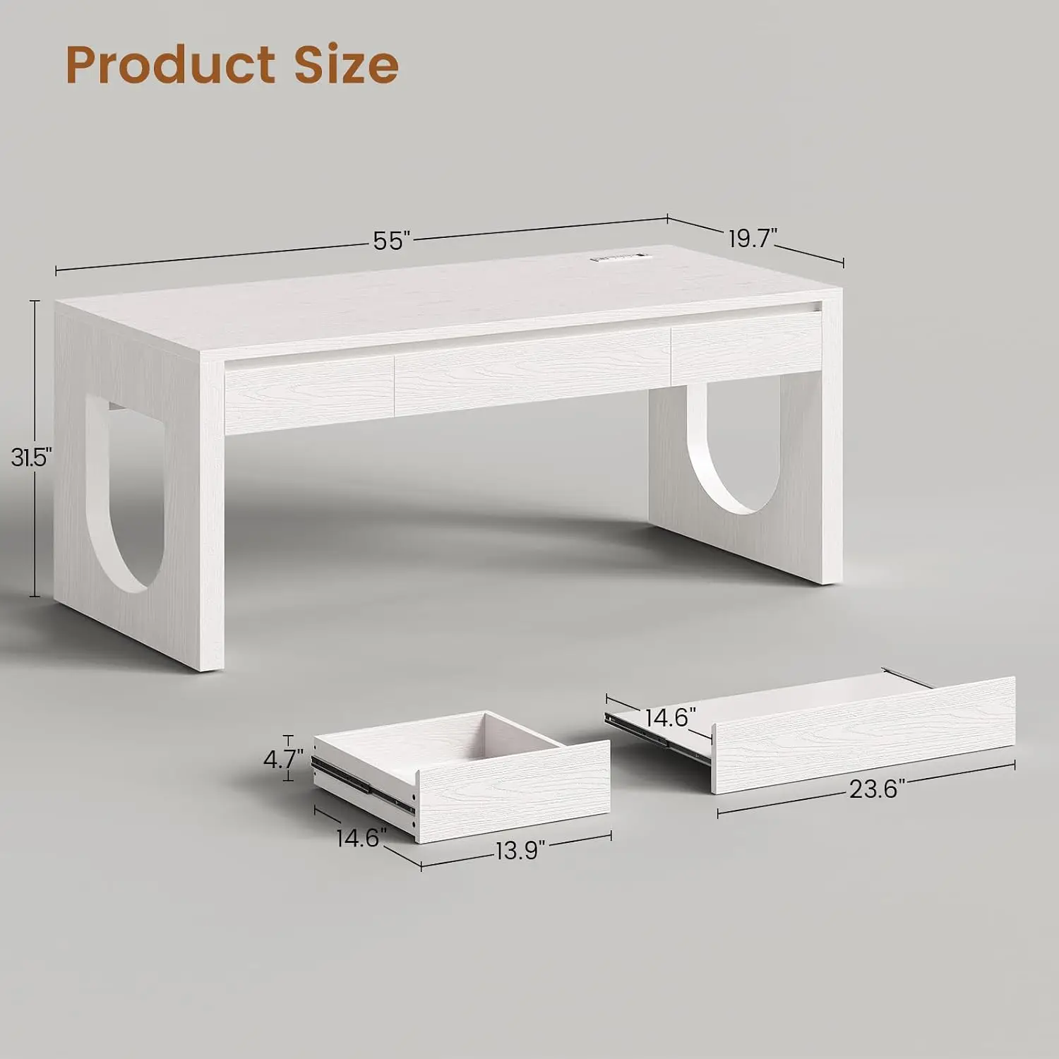 Modern Executive Office Desk with 3 Drawers & Power Outlet, U-Shaped Legs, Wood Relief Texture, Home Office, 55