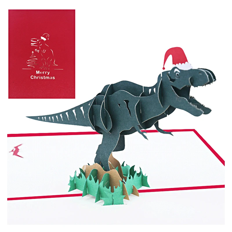 

Handmade 3D Dinosaur Pop Up Christmas Greeting Card with Envelope Laser Cutting Holiday Reindeer Santa Hat X'mas Gift Postcard