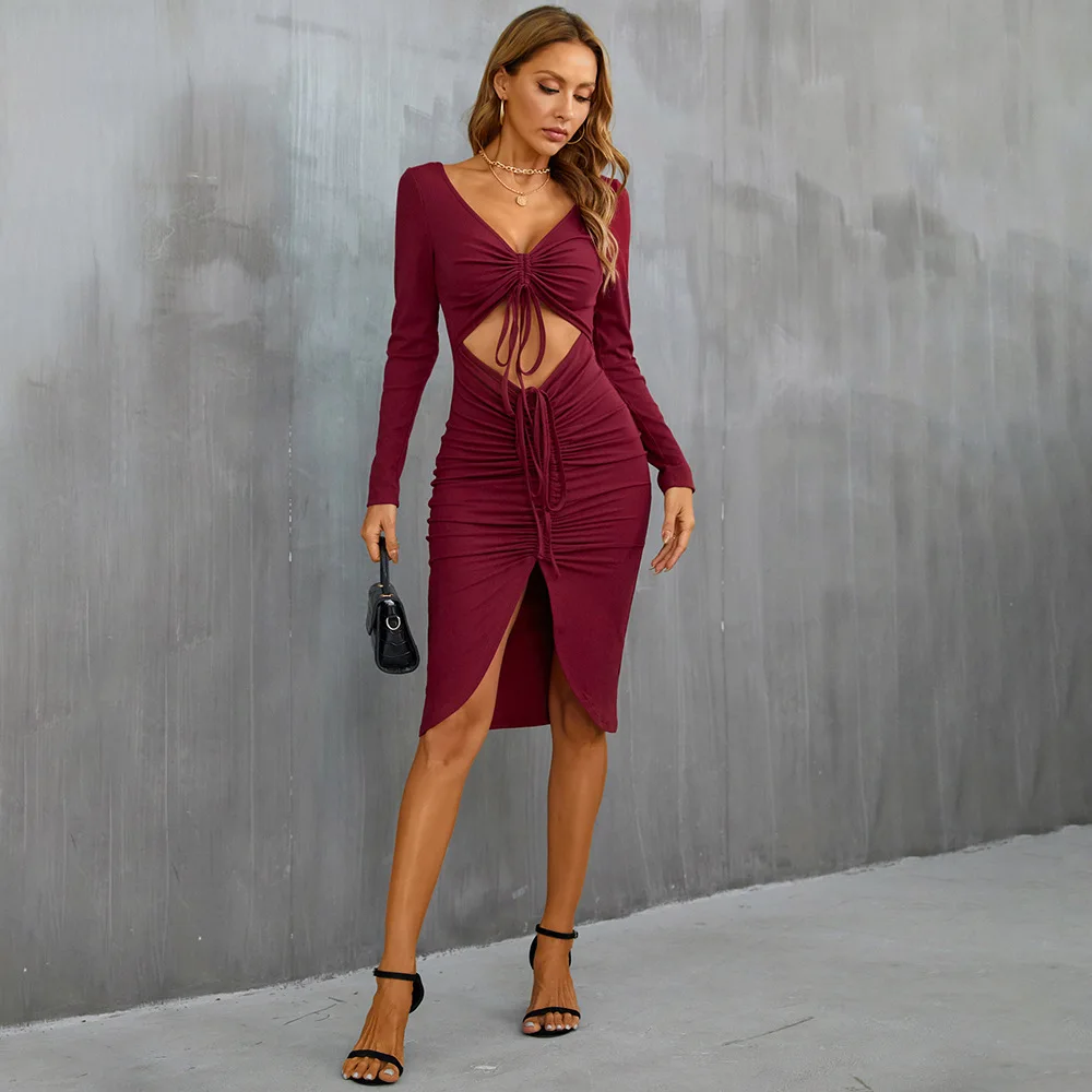 Popular Women Sexy Hollow Drawstring Slit Waist-cinching Elegant Butt-covering Dress