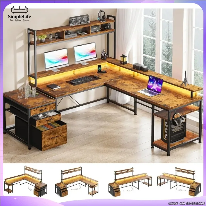 

Большой L-образный игровой стол с ящиками, полками и системой кабель-менеджмента, реверсивный угловой компьютерный стол для домашнего офиса