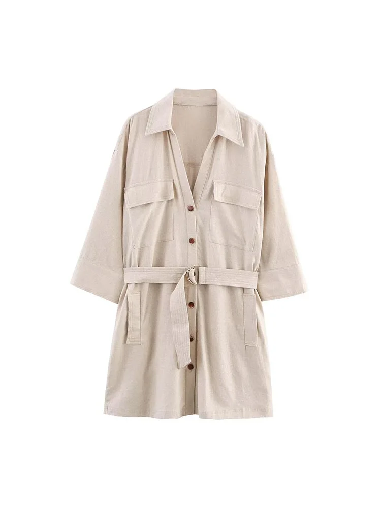 2025 ผู้หญิงฤดูร้อนมินิเสื้อแฟชั่น V คอเข็มขัดแขนยาวหญิง Elegant Street ผ้าลินินชุดเสื้อผ้า