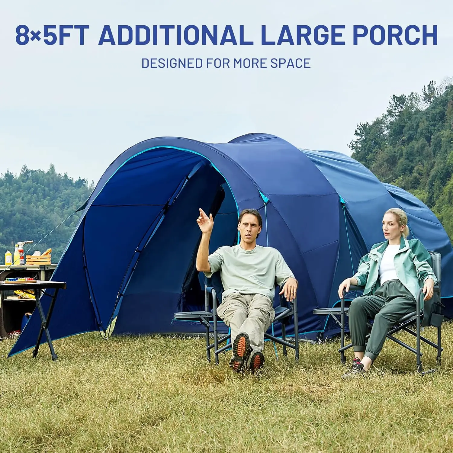 Person Camping Tent with Large Porch, Portable Waterproof Windproof Family Tent with Rainfly Carry Bag Room Divider, Easy Set-up