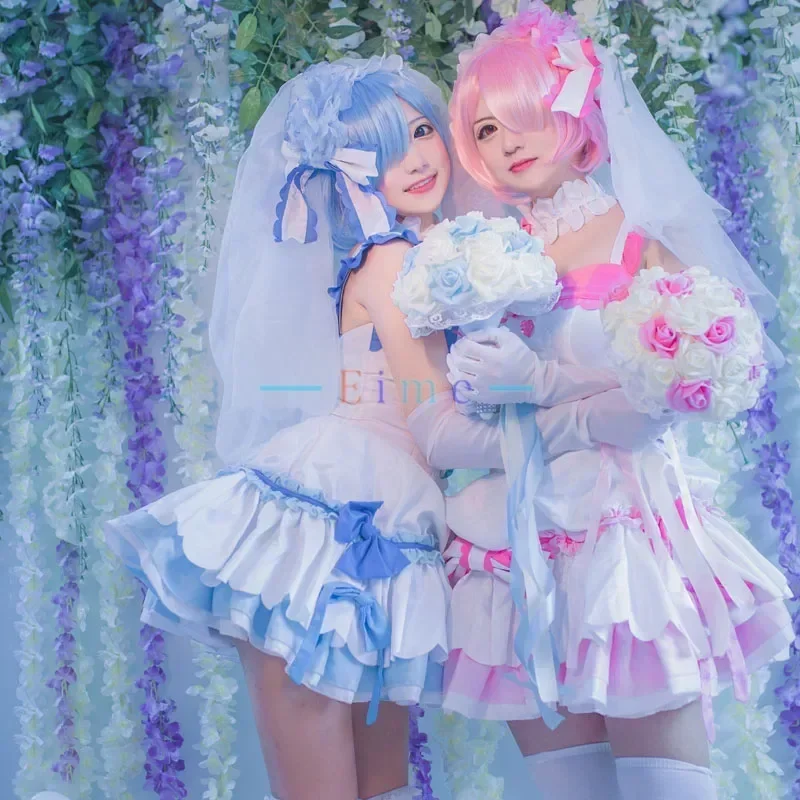 

Anime Re:Life in a Different World From Zero Ram Rem Cosplay Costumes Women Cute Dress With Veil Halloween Carnival Outfits Suit