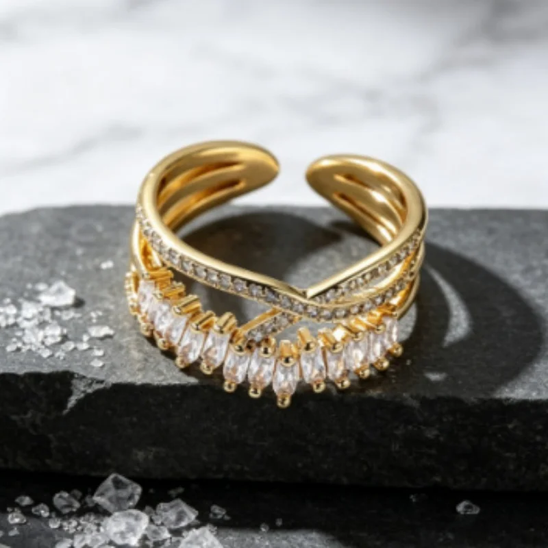 Light Luxury Cross Ladder Square Zirconia Open Ring for Women, Double Layered Elegant Tassel Adjustable High-end Accessory