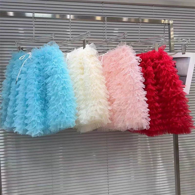 

Sweet Ruffle Mesh Tutu Skirt Woman Drawstring Pleated A Line Half Skirt Girls Short Skirts Summer Women Clothes Streetwear