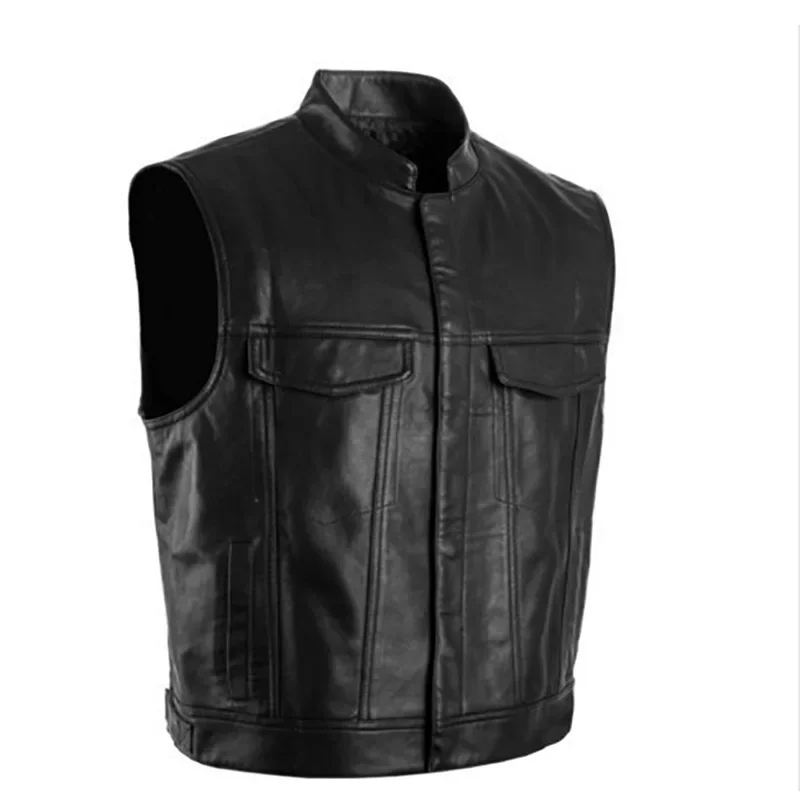Colete Masculino Preto de Couro Sintético Estilo Motoqueiro Hip Hop Punk Sem Mangas Primavera Tamanhos Grandes Solto Casual