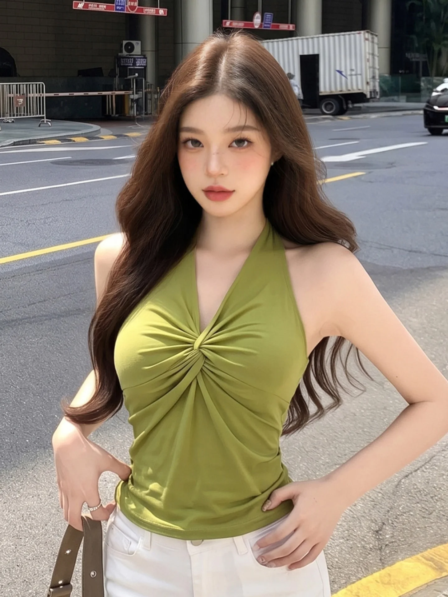 Sexy Deep V-neck Knot Neck Strap Vest Women's Summer Slim Fit Short Top Citywalk Button Detail Pure Color Casual Wear