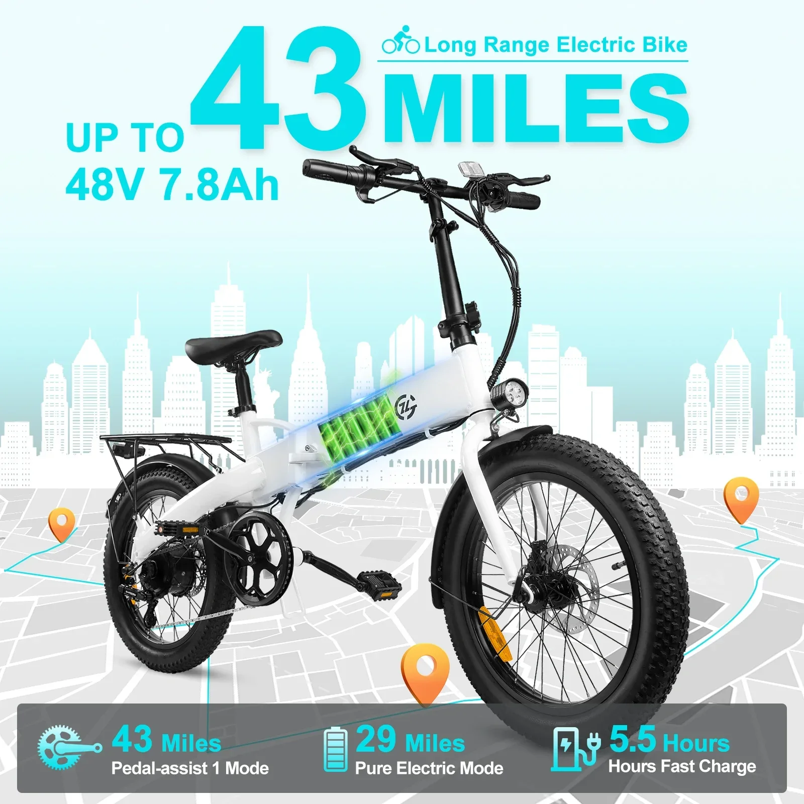 500Wmotor48V7.8AH lithium battery Snow Electric Bike 20*3.0 fat tire urban commuter E-Bicycle Mountain Snow Cross-Country E-Bike