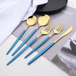 Blue Gold 5Pcs Dinnerware Set Silverware Flatware Knife Dessert Fork Spoon Stainless Steel Cutlery Set Tableware Party Set