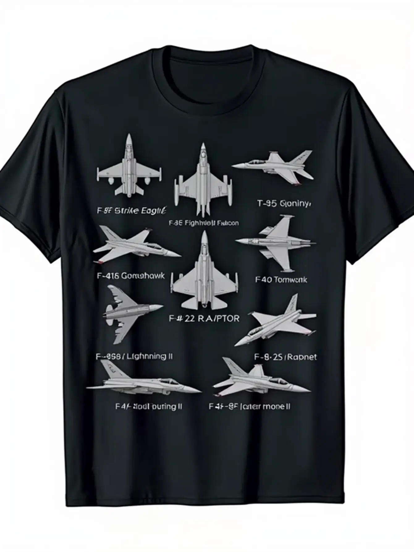 Men's Aviation Enthusiast Shirt with Legendary Fighter Jet Design, Black with White Airplane Design, Aviation Enthusiast Pilot Veteran Casual Crew Neck Short Sleeve Shirt, Birthday Christmas Halloween Gift for Everyday and Special Occasions