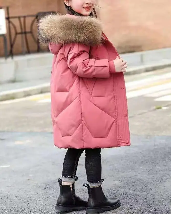 Teenager Winter Fashi Girls Jacket Keep Warm Fur Collar Princess Coat Solid Color Hooded Zipper Outerwear Christmas Kids Clothes