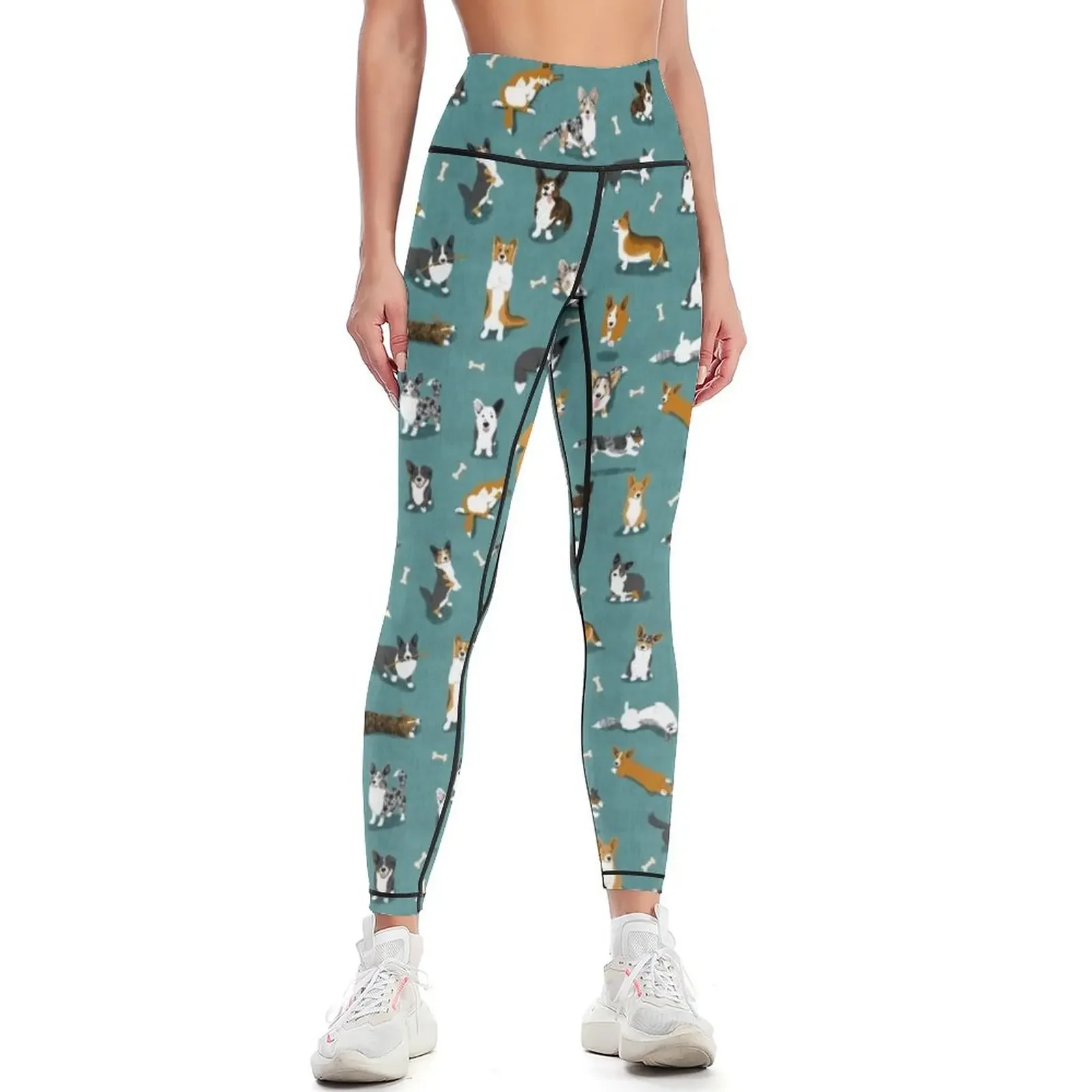 Cardigan Corgi Pattern on Teal Leggings trousers Legging sport Women's sportswear Fitness's gym clothes Womens Leggings