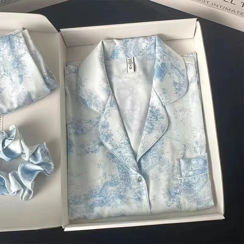 Women Spring Autumn Long Sleeved Loungewear Ice Silk Sleepwear Suit 2024 New Fashion Sweet Pajamas Set Casual Loose Girls Nighty