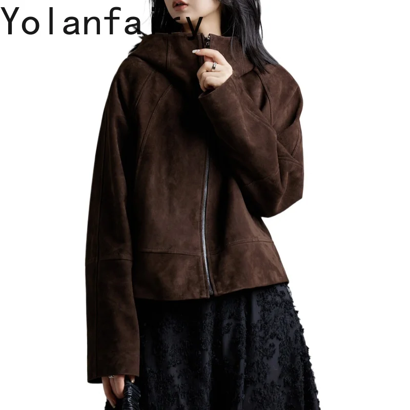 

YOLANFAIRY Women Short Genuine Mixed Sheep Suede Leather Jacket Hooded Casual 100% Real Sheepskin Leather Coat Cropped Outerwear