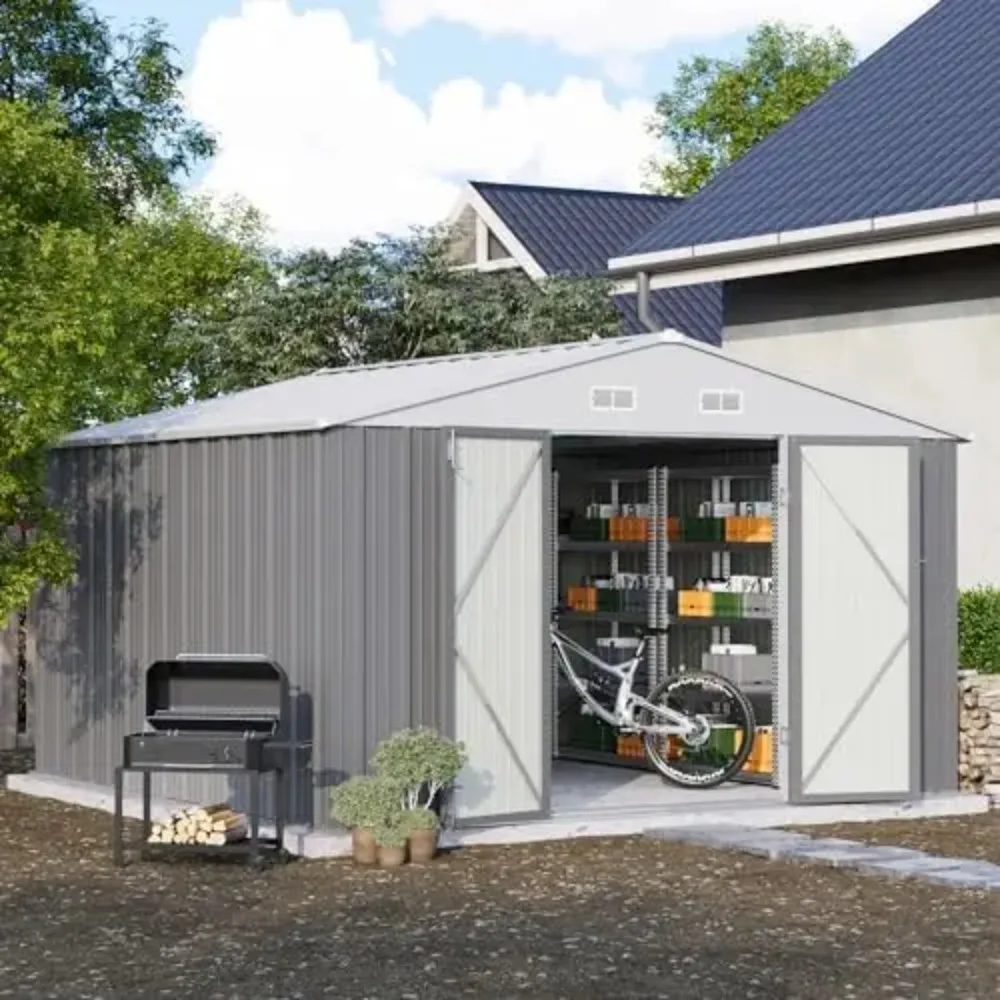 10x10 FT Metal Storage Shed, Brown | Steel Yard Shed, Lockable Doors Design, Utility and Tool Storage Sheds For Garden