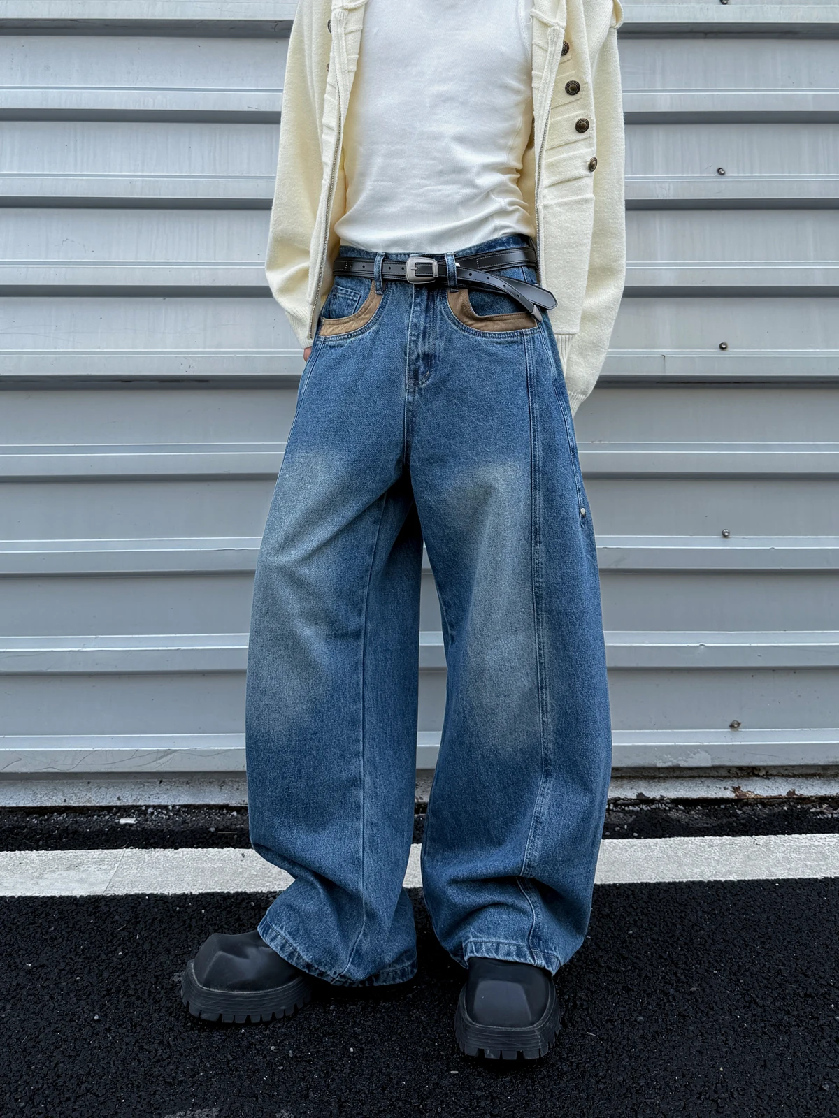Calça Jeans Unissex Thrrenine de Perna Larga com Efeito Lavado em Pele de Veado, Caimento Solto, Comprimento Total, Algodão, ...