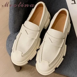 Meotina Women Loafers Shoes Genuine Leather Thick Heels Pumps Round Toe Causal Med Heel Ladies Footwear Spring Autumn Black 42