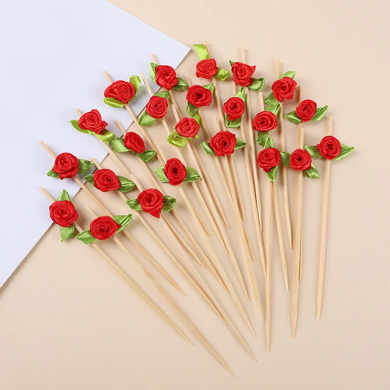 

100pcs Rose Bamboo Sticks with leaves Red Blue Pink White flower Fruit Fork Cocktail Stirrers Birthday Wedding Party Decoration