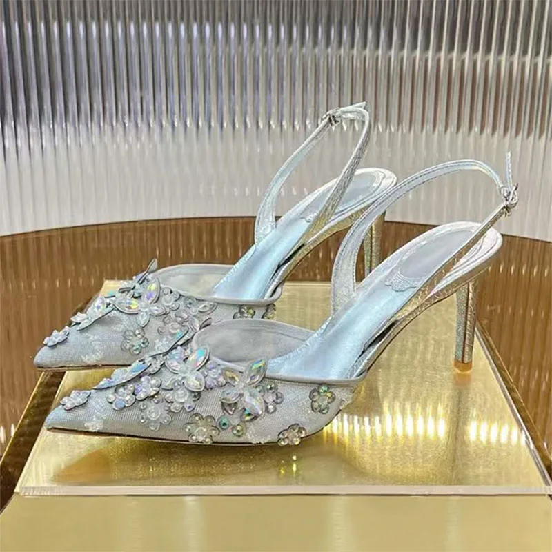 

Hot Selling Pumps Women Rhinestone Bling Party Shoes Woman Pointed Toe Stiletto Sandals Slingbacks Modern High Heels Shoes Woman