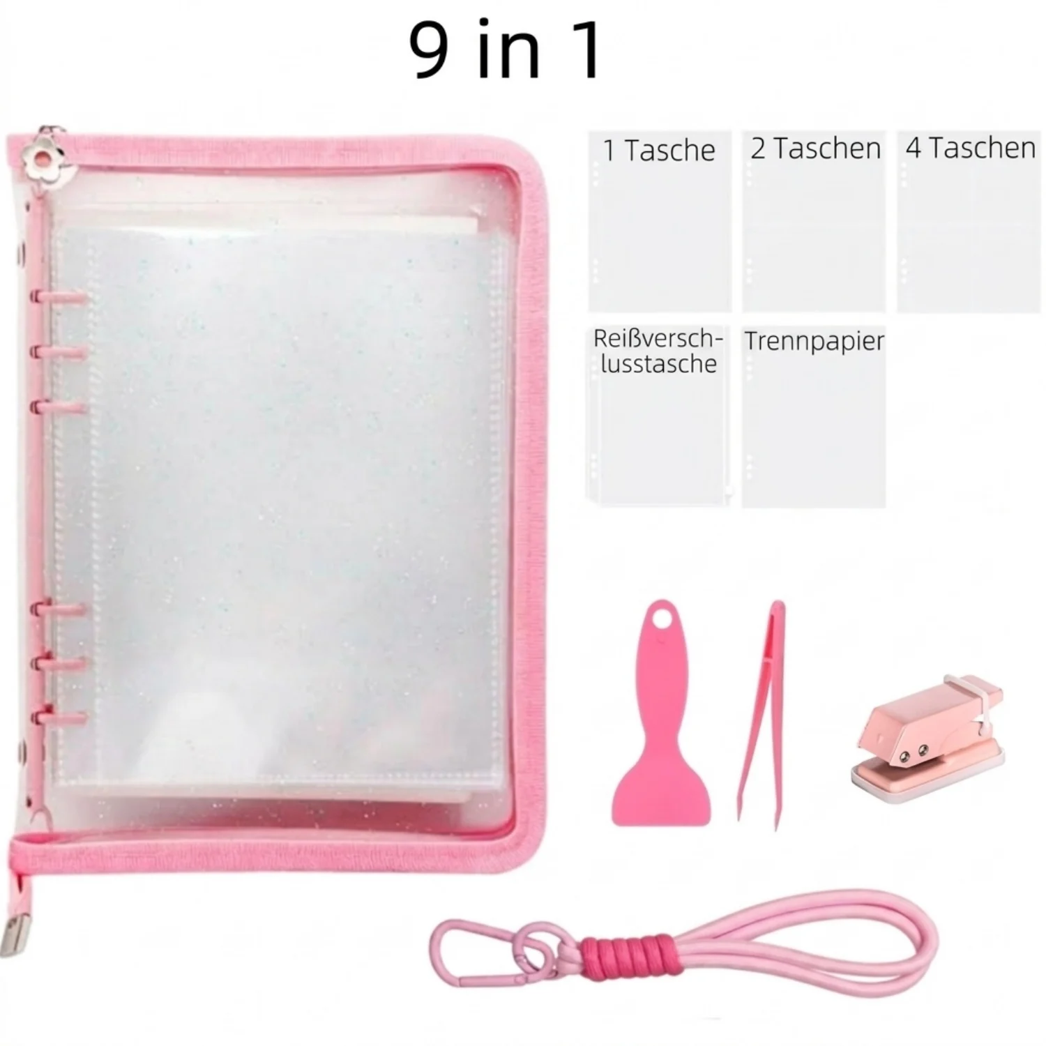 9 in 1 Reißverschluss Binder A5 Aufbewahrungsorganizer Tasche Transparente Hülle Ringbuch Ordner Sammelordner Fotoalbum mit Zubehör Mini Lochstanzer Lanyard Ablösepapier Tasche für Fotokarte