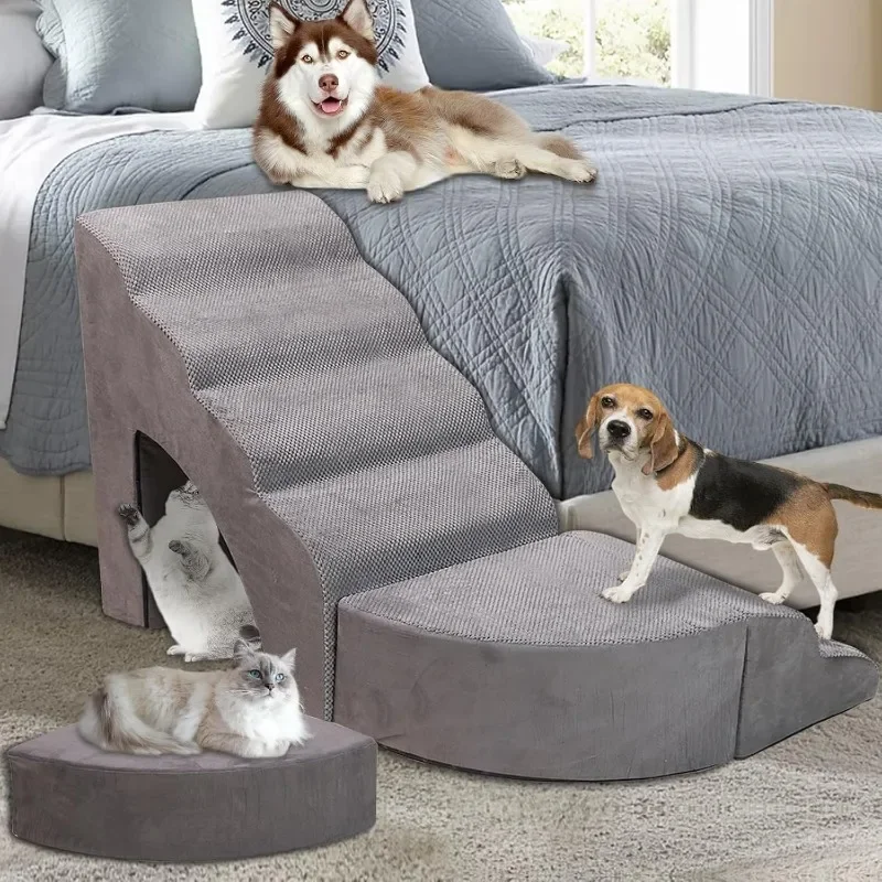 Escadas e degraus de espuma para cães, rampas para camas altas, 25-30 polegadas de altura, 6 degraus para animais de estimação, antiderrapantes para cães pequenos, cães mais velhos/gatos