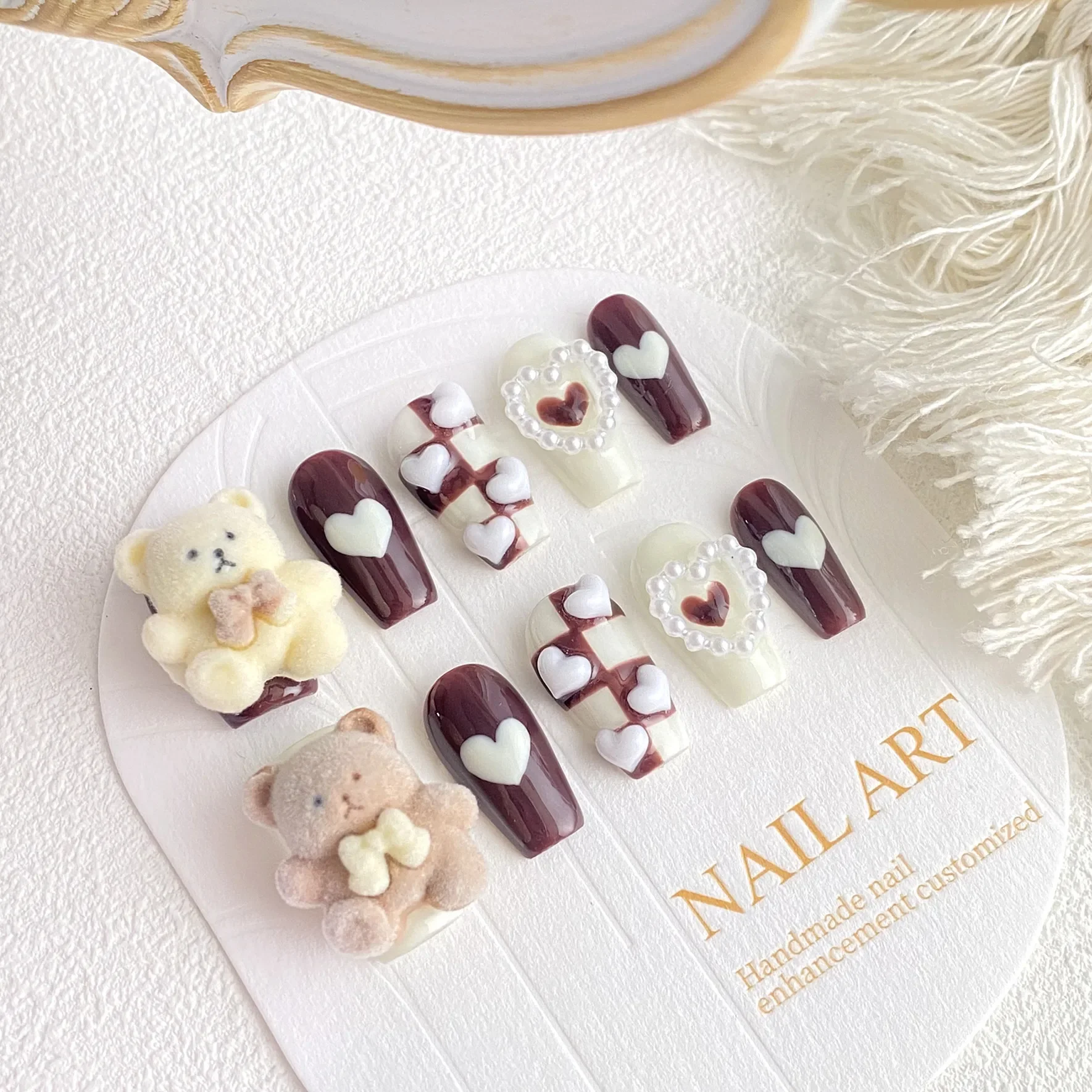 10Pcs 5D Bear Handmade Press-on Nails Reusable Cute Heart with Pearl Design False Nail Tips Glossy Finish for Parties Proms