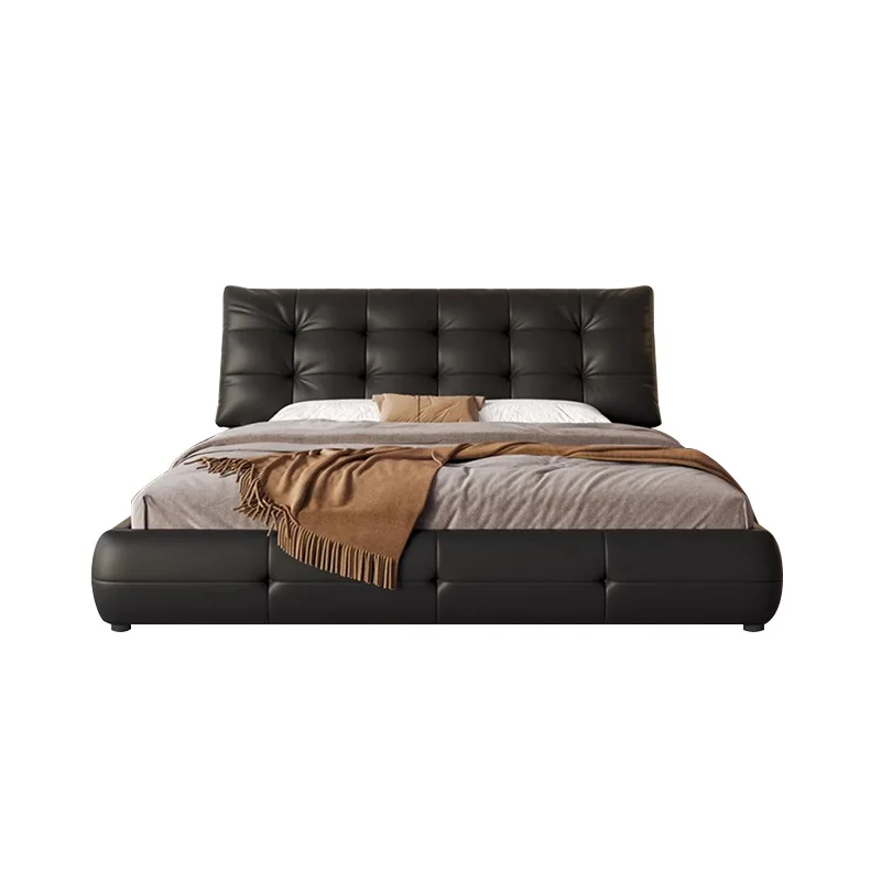 

Italian minimalist premium double puff bed master bedroom floor embedded first layer cowhide marshmallow leather bed