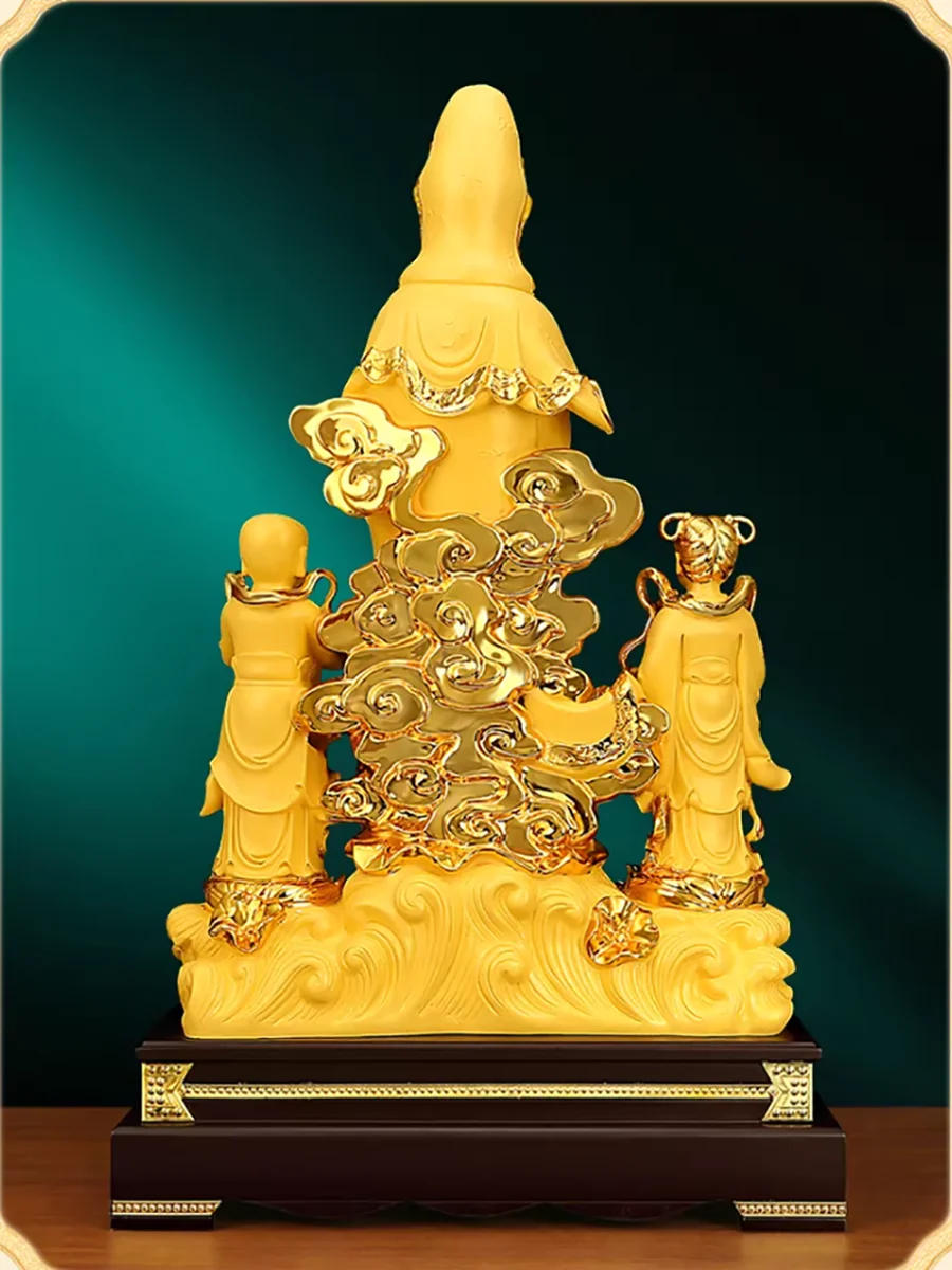 Guanyin Bodhisattva with Golden Boy & Jade Maiden - Complete Attendant Set for Compassion & Wisdom, Auspicious Home Altar Sculpt