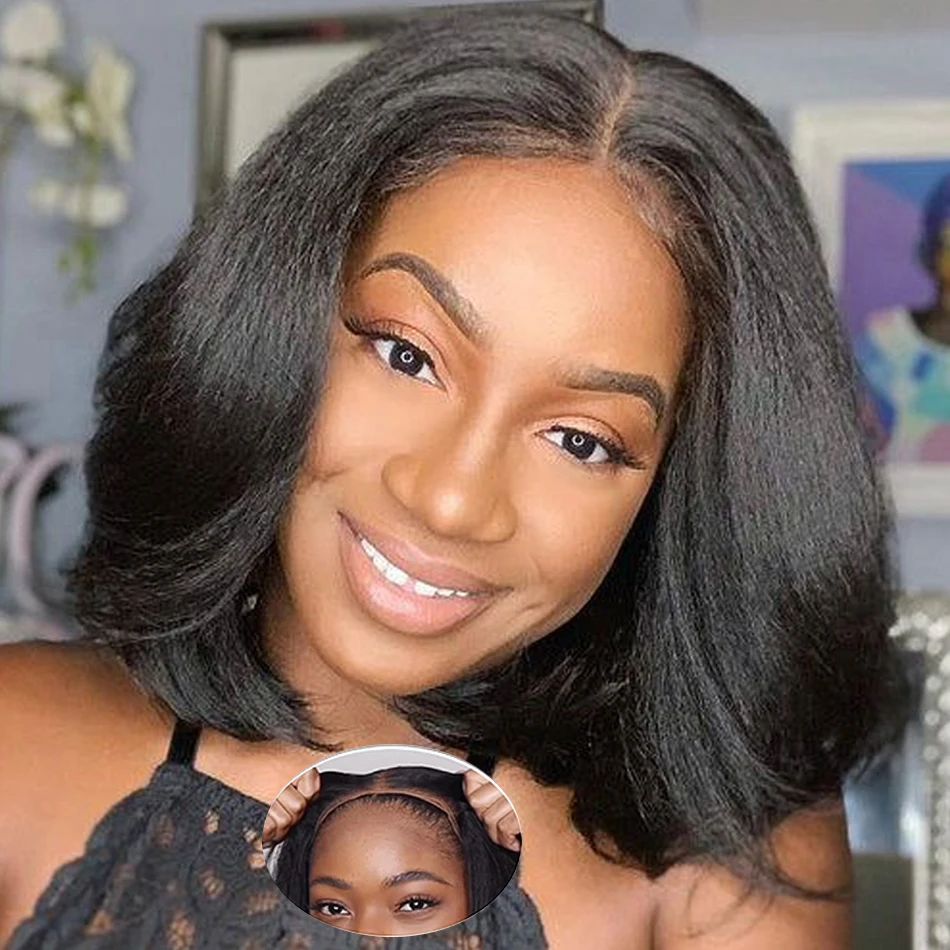 

Kinky Yaki Straight Bob Wig 13X4 Lace Frontal Glueless Human Hair Wigs For Women HD Transparent 180 Density Ready To Go Lace Wig