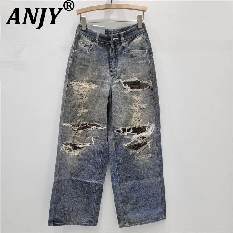

ANJY осенние новые женские джинсы в американском стиле High Street с нишевым дизайном, модная рваная уличная одежда, прямые джинсовые брюки в стиле хип-хоп A11964