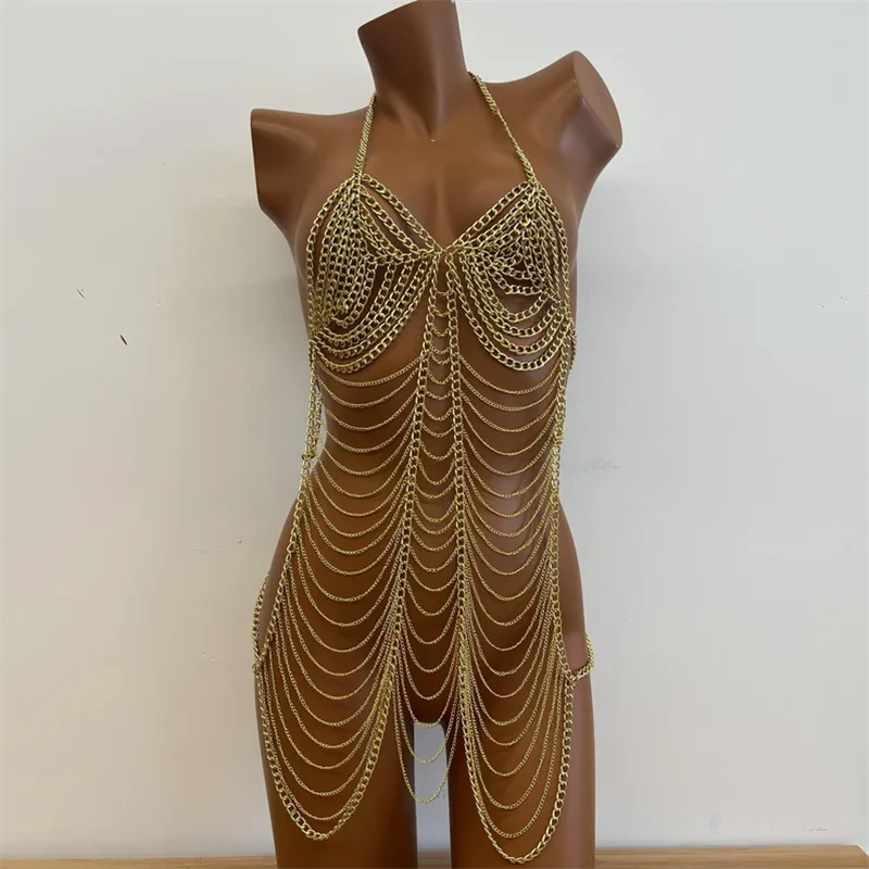 Damenkleid Gold Ganzkörper-Kettenkleid Sexy Neckholder-BH Körperketten-Set Nachtclub Party Bikini Cover-Up Schmuck Damenbekleidung – Detail 5