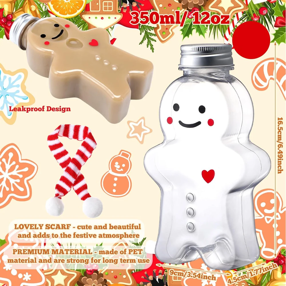 Christmas Gingerbread Man Bottles with Hat and Scarf Clear Christmas Juice Bottles with Lids Empty Plastic Drink Bottle Reusable