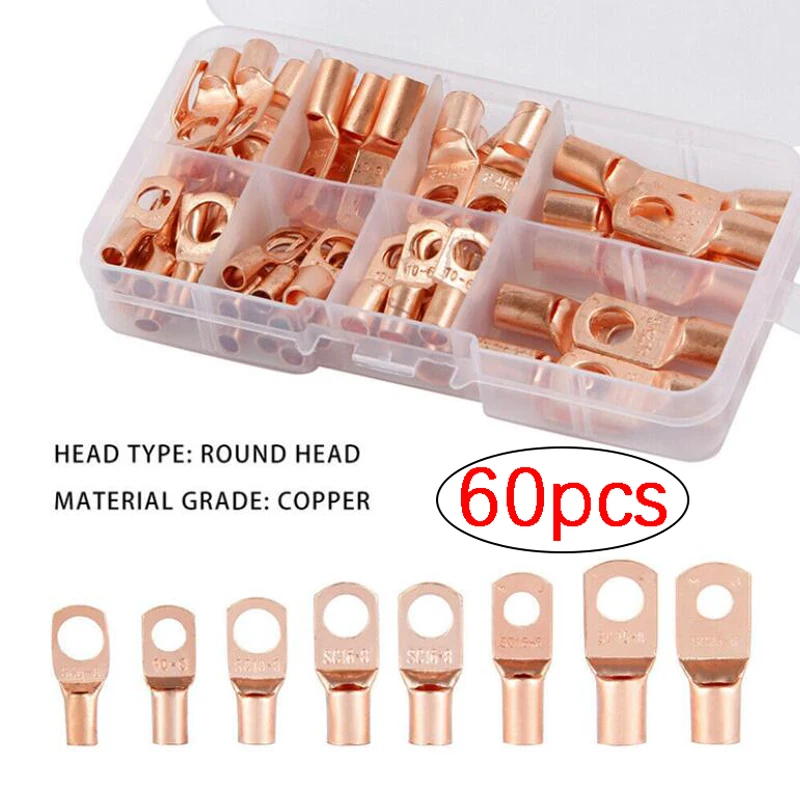 

60pcs Assortment Car Auto Copper Ring Terminal Wire Crimp Connector Bare Cable Battery Terminals Soldered Connectors Kit golden