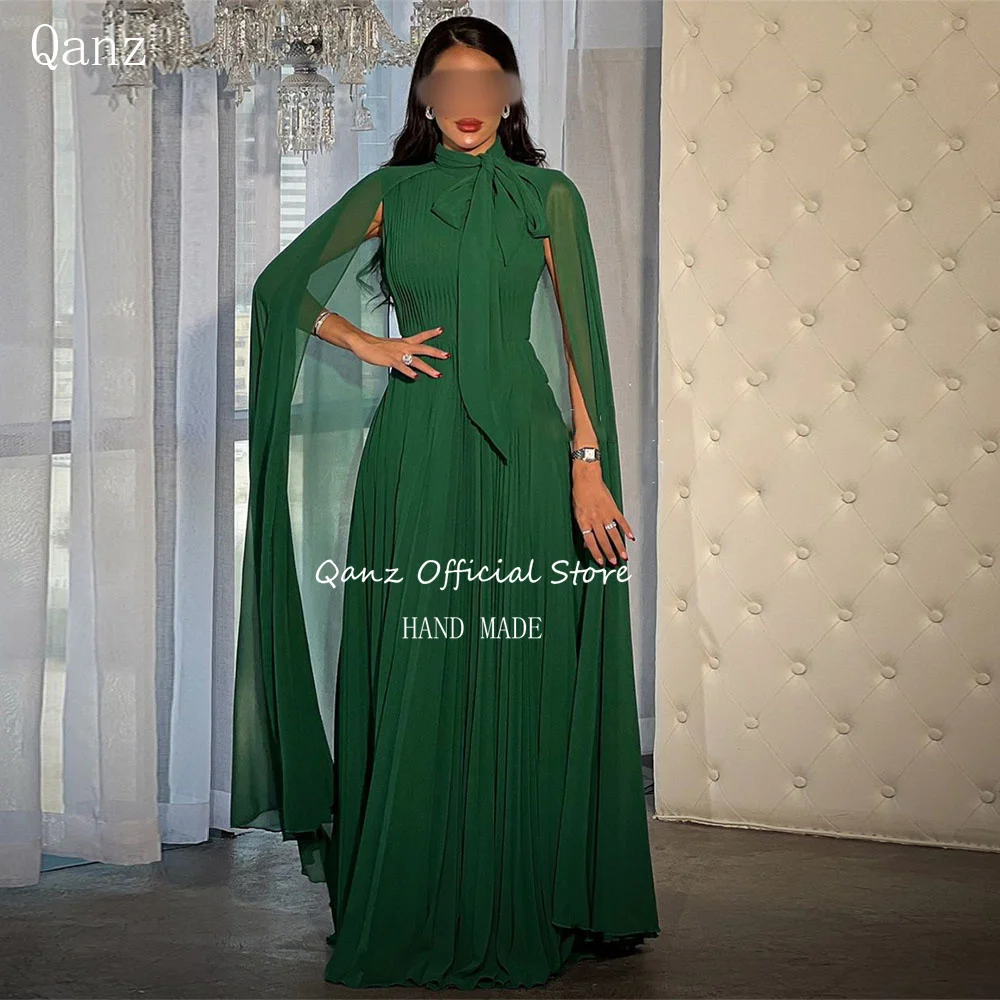 

Qazn Dubai Luxury Evening Dress Green Long Chiffon Dress Women Elegant Party Cap Sleeves Arab Vestidos De Fiesta Customized