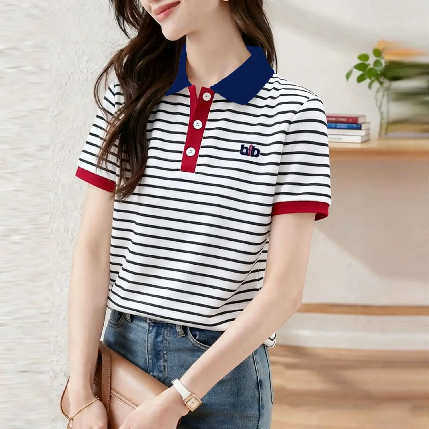 

Embroidered Striped Polo Shirt 2026 New Fashion Cotton Short Sleeve T-shirts Summer Korean Loose T Shirt Women